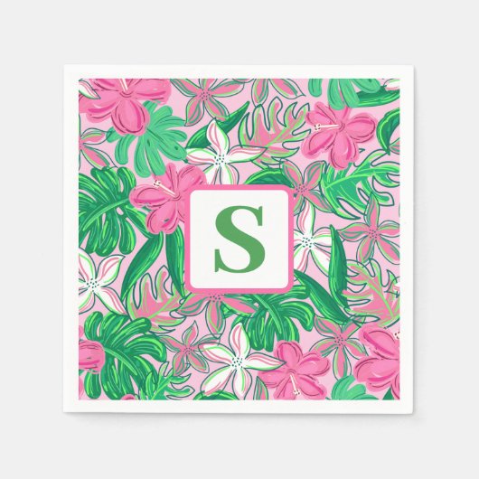 Serviette En Papier Fleur Monogramme rose blanc vert Preppy (Devant)