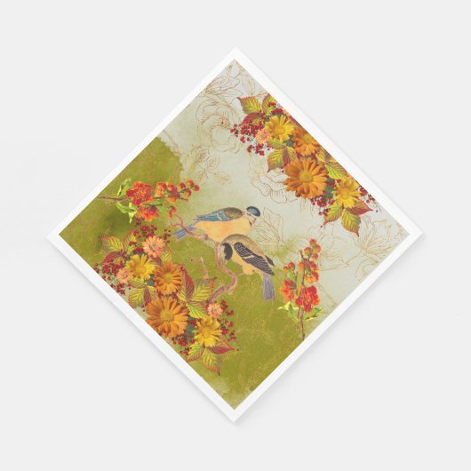Serviette En Papier Fleur & Oiseaux, Orange, Jaune, Serviettes vert ro (Coin)