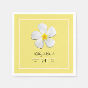 Serviette En Papier Fleur Plumeria blanche sur Jaune, Mariage moderne