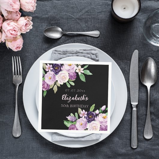 Serviette En Papier Fleur rose lavande violet noir anniversaire