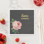 Serviette En Papier Fleur rose nom personnalisé gris (En situation)