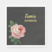 Serviette En Papier Fleur rose nom personnalisé gris (Devant)