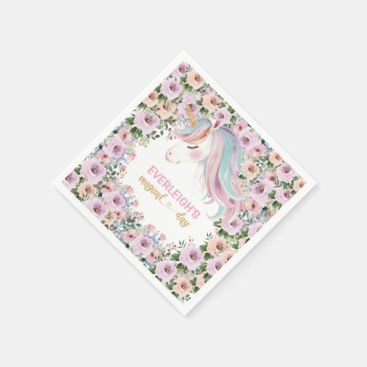 Serviette En Papier Fleur rose Unicorne magique 1er anniversaire (Coin)