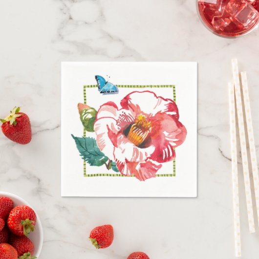 Serviette En Papier Fleur rouge Camellia Bleu Papillon (En situation)