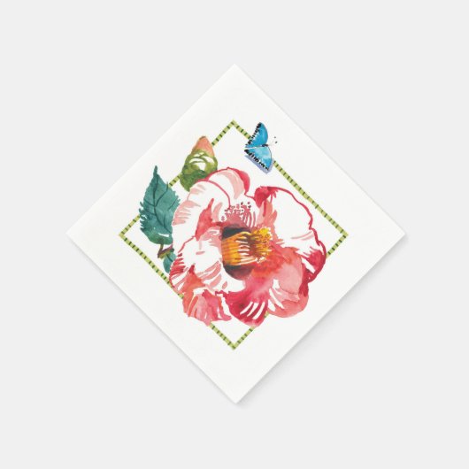 Serviette En Papier Fleur rouge Camellia Bleu Papillon (Coin)