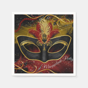 Serviette En Papier Fleur rouge étincelante et or Masque de plumes