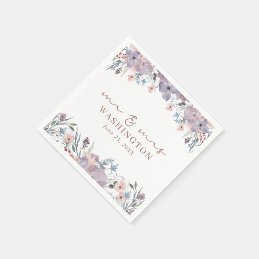 Serviette En Papier Fleur sauvage d'aquarelle Floral Script Mr et Mrs. (Coin)