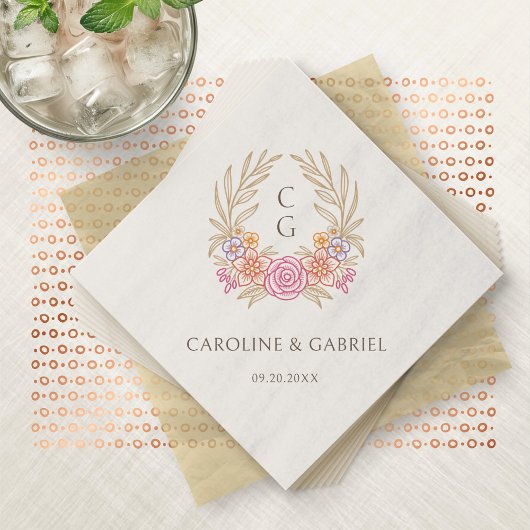 Serviette En Papier Fleur sauvage d'automne Crest Wreath Monogram Mari