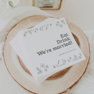 Serviette En Papier Fleur sauvage grise Manger Boire Nous sommes marié