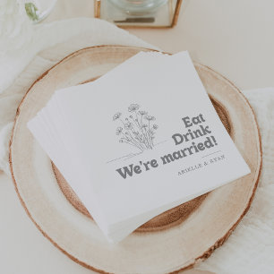 Serviette En Papier Fleur sauvage grise Manger Boire Nous sommes marié