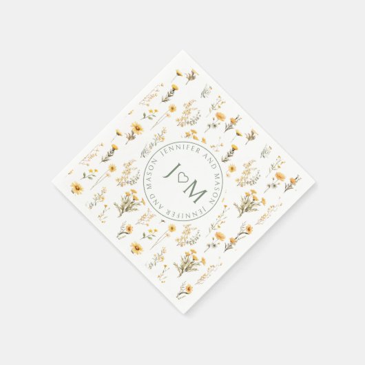 Serviette En Papier Fleur sauvage jaune monogramme mariage serviettes (Coin)