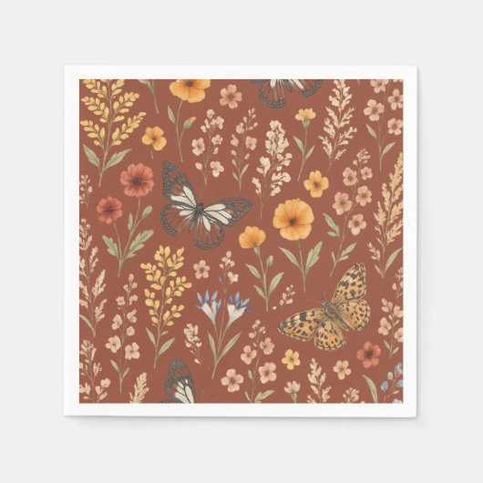 Serviette En Papier Fleur Sauvage Orange Brûlé Floral Bohème (Devant)