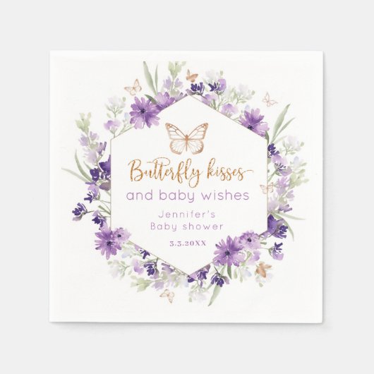 Serviette En Papier Fleur sauvage papillon violet embrasse baby shower (Devant)