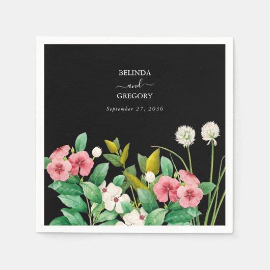 Serviette En Papier Fleur sauvage Périwinkle Aquarelle Mariage noir (Devant)