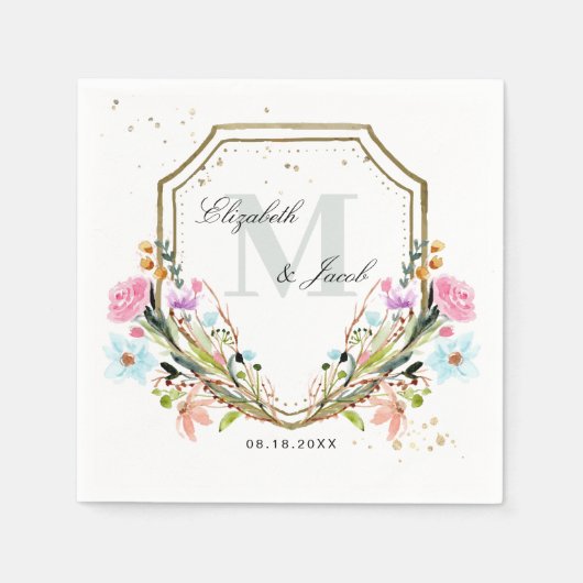 Serviette En Papier Fleur sauvage rustique Élégant Mariage Gold Crest (Devant)
