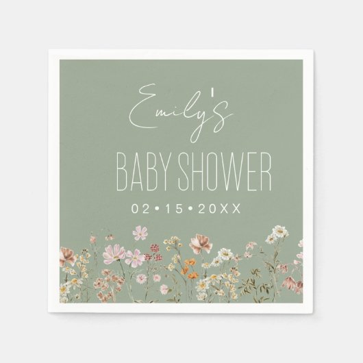Serviette En Papier Fleur sauvage Sage Green Baby shower Boho En Fleur (Devant)