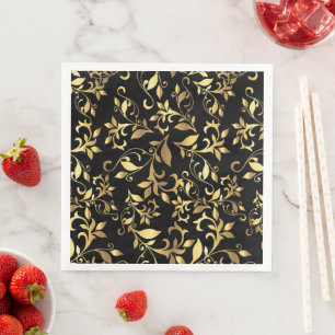 Serviette En Papier Fleurs Abstraites Dorées sur Fond Noir