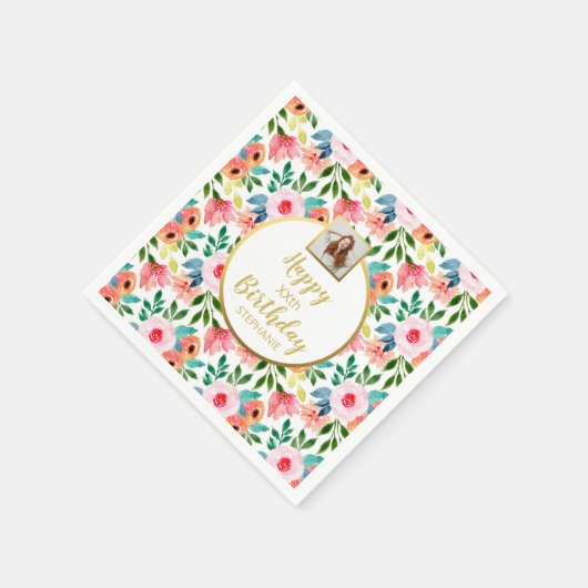 Serviette En Papier Fleurs aquarelle, texte photo personnalisé, annive (Coin)