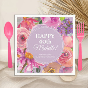 Serviette En Papier Fleurs aquarelles rose violet 40e anniversaire