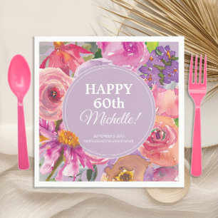 Serviette En Papier Fleurs aquarelles rose violet 60 ans
