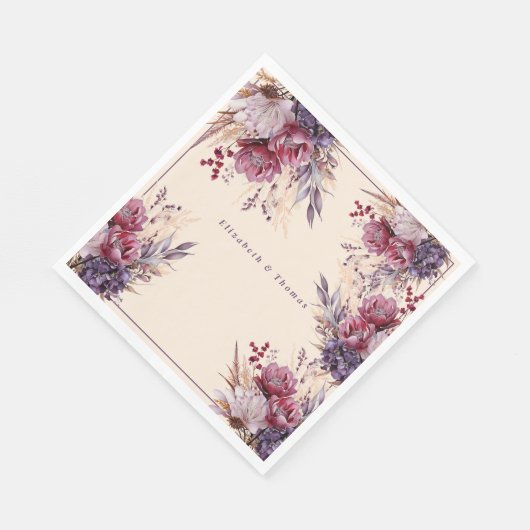 Serviette En Papier Fleurs Aquarelles Roses Et Mauves (Coin)