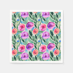 Serviette En Papier Fleurs aquarelles roses, violettes, vertes