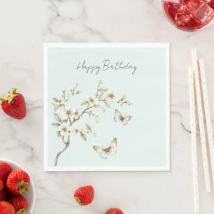 Serviette En Papier Fleurs blanches à la menthe Papillons Anniversaire