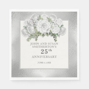 Serviette En Papier Fleurs blanches argentées 25e anniversaire de mari