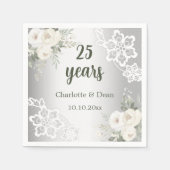 Serviette En Papier Fleurs blanches argentées 25e anniversaire mariage (Devant)