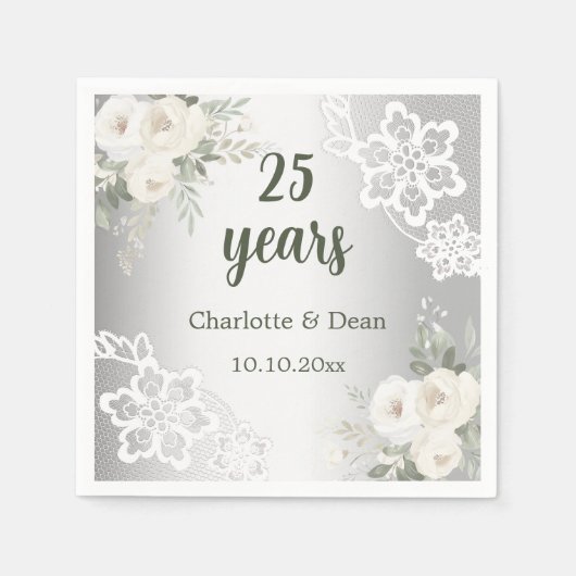 Serviette En Papier Fleurs blanches argentées 25e anniversaire mariage (Devant)