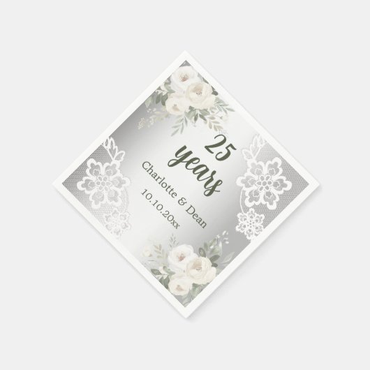 Serviette En Papier Fleurs blanches argentées 25e anniversaire mariage (Coin)