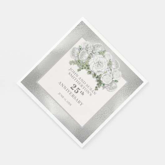 Serviette En Papier Fleurs blanches d'argent 25e anniversaire Mariage (Coin)