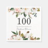Serviette En Papier Fleurs blanches et bleues 100e fête d'anniversaire (Devant)