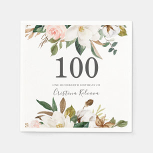 Serviette En Papier Fleurs blanches et bleues 100e fête d'anniversaire