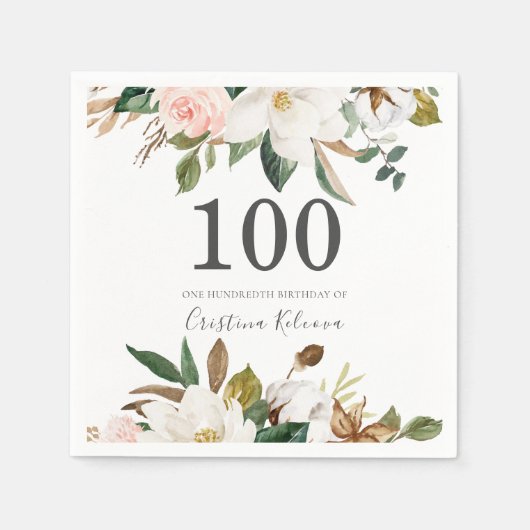 Serviette En Papier Fleurs blanches et bleues 100e fête d'anniversaire (Devant)
