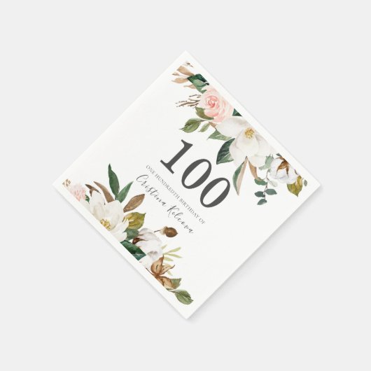 Serviette En Papier Fleurs blanches et bleues 100e fête d'anniversaire (Coin)