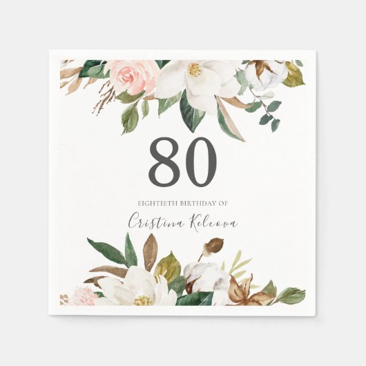 Serviette En Papier Fleurs blanches et bleues 80e fête d'anniversaire (Devant)