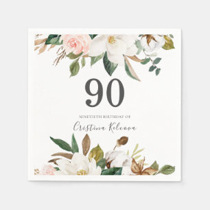 Serviette En Papier Fleurs blanches et bleues 90e fête d'anniversaire