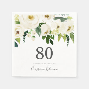 Serviette En Papier Fleurs blanches et crème Elégante 80e anniversaire