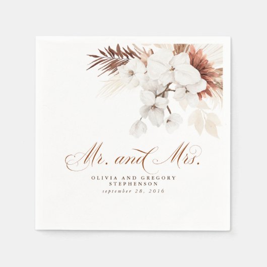 Serviette En Papier Fleurs blanches et en terre cuite M. et Mme Mariag (Devant)