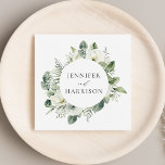 Serviette En Papier Fleurs blanches et verdure Mariage personnalisé<br><div class="desc">Des serviettes mariages florales élégantes, avec vos noms encerclés de fleurs de gardenia blanches peintes, des sprigs de la respiration du bébé, des dahlias, des feuilles de fougères vertes sauge et des feuilles verts vibrants. Parfait pour les dîners de répétition mariages et les réceptions de mariage ! Conçu pour coordonner...</div>