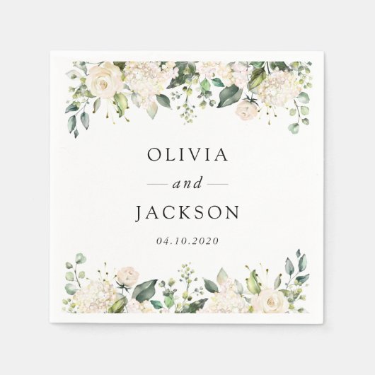 Serviette En Papier Fleurs blanches, Fleurs de crème, Verdure, Mariage (Devant)