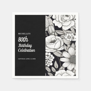 Serviette En Papier Fleurs blanches noires 80e anniversaire