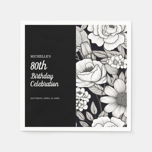 Serviette En Papier Fleurs blanches noires 80e anniversaire (Devant)