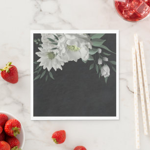 Serviette En Papier fleurs blanches romantiques & feuilles vertes noir