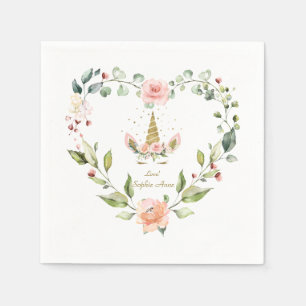 Serviette En Papier Fleurs blanches roses modernes Or Unicorne Anniver