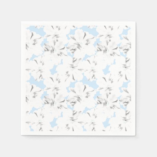 Serviette En Papier Fleurs blanches sur bleu clair. (Devant)