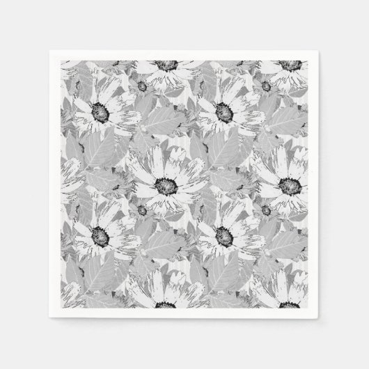 Serviette En Papier Fleurs blanches sur gris clair. (Devant)