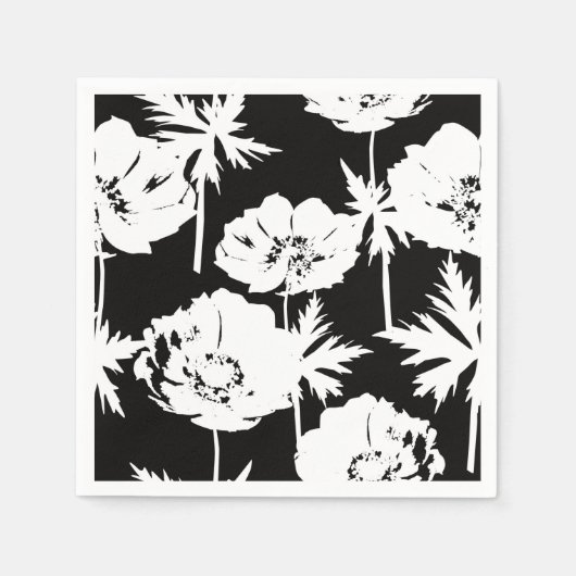 Serviette En Papier Fleurs blanches sur noir. (Devant)