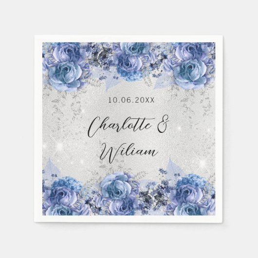 Serviette En Papier Fleurs bleu argent mariage (Devant)